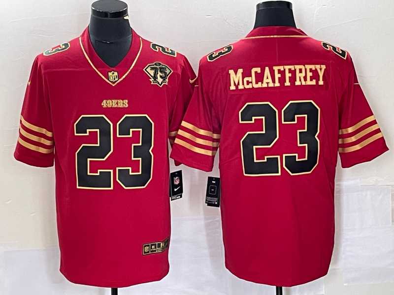 Men%27s San Francisco 49ers #23 Christian McCaffrey Red 75th Patch Golden Edition Stitched Nike Limited Jersey Dzhi